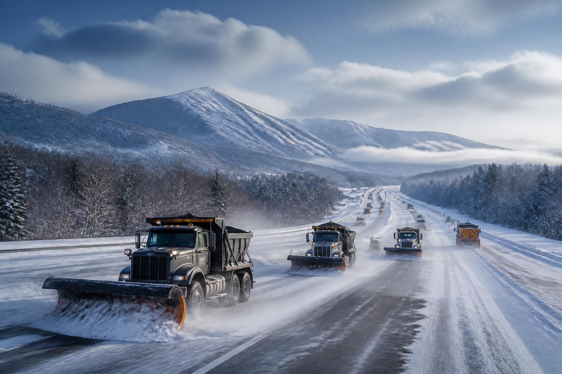 Snow plow trucks clearing a winter highway with snow-covered mountains in the background